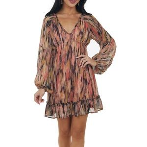 Lime Lush Terracotta Abstract V Neck Babydoll Mini Dress